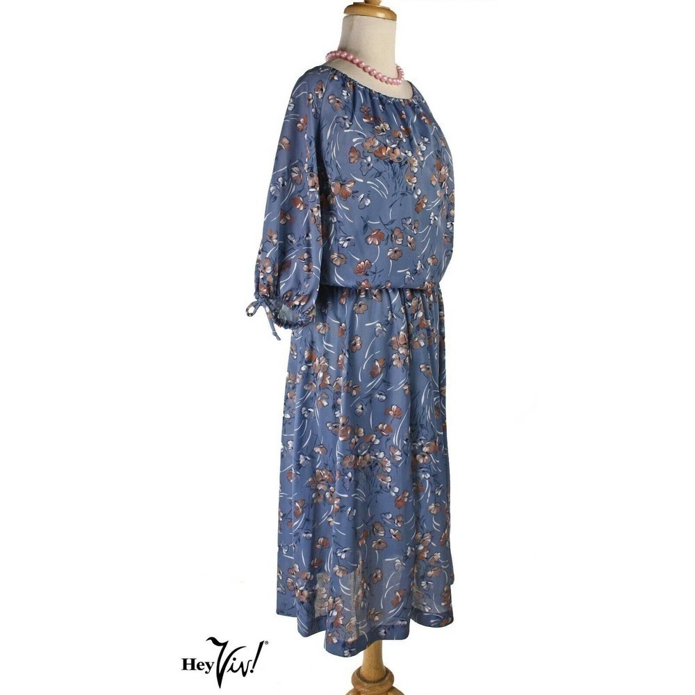 Vintage Dress Blue Floral w Easy Fit Blouson Top Full Sleeves Size 14 - Hey Viv